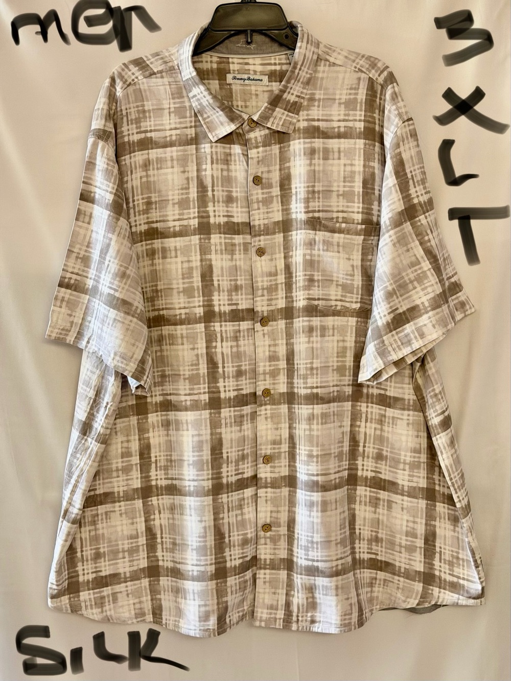 Tommy Bahama Taupe and Cream Plaid Short-Sleeve Button-Down Shirt - Silk Blend